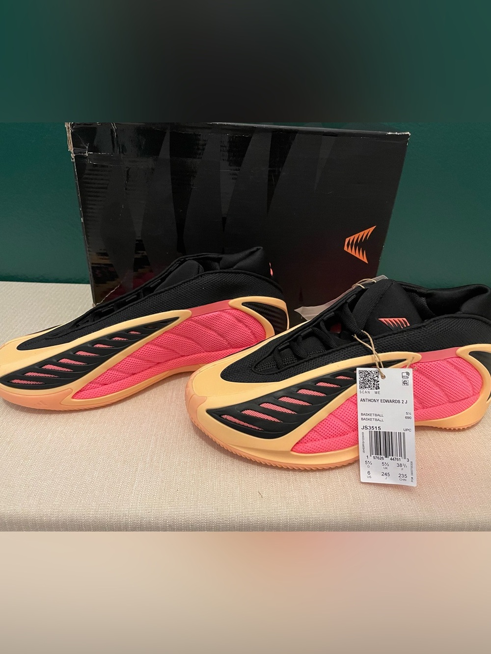 Adidas Anthony Edwards 2 J Basketball Sneakers Womens 6 Acid Orange Black New